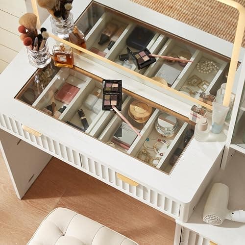 LEYAOYAO Vanity Desk with Mirror and Lights, 43.5'' Fluted Makeup Vanity with 6 Drawers and Adjustable Shelves, Wood TC Make Up Vanity Dressing Table with Glass Top and Power Outlet for Bedroom thumbnail 6