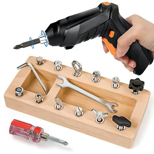 Montessori Screwdriver Board Set with Electric Drill, Wooden Montessori Busy Board Toys Screw Driver Activities Tools for 3 4 5 Year Old Kids, Sensory Learning STEM Fine Motor Skills Toys for Boys - Image 1