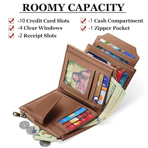 Airkit Small Wallet Women RFID Blocking Genuine Leather Bifold Compact Card Holder for Women with Zipper Coin Pocket 4 ID Windows thumbnail 2