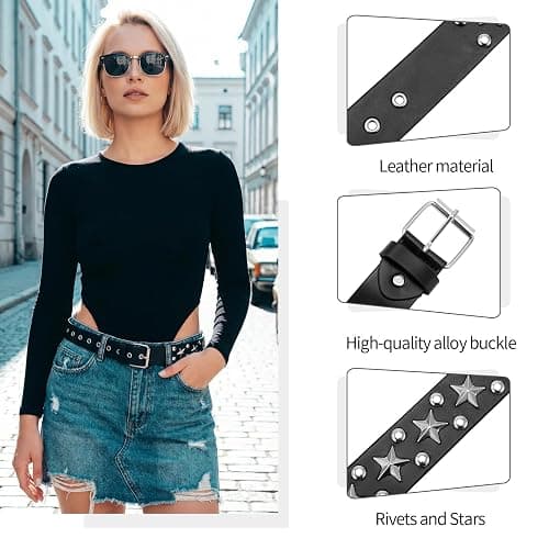 JATEBI 3 Pcs Y2K Black Studded Belt Metal Goth Punk Rock Belts with Shiny Pyramid Studded and Star for Women thumbnail 2