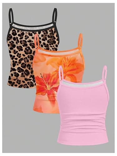 RoseSeek Girl's 3 Packs Cheetah Leopard Floral Tank Top Spaghetti Strap Fitted Summer Cute Camisole Tops thumbnail 2