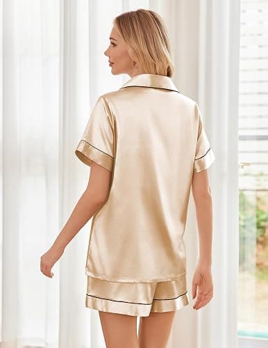 Ekouaer Womens Silk Satin Pajama Sets Soft Short Sleeve Button Up Sleepwear | Notch Collar 2 Piece Pjs Shorts Set,Comfy Sleep Lounge Set,Bridal,Bridesmaid,Wedding,Postpartum,Travel,Gift thumbnail 2