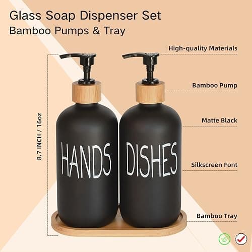 Glass Soap Dispenser Set. Hand and Dish with Bamboo Tray. Vintage Pump for Kitchen Sink Bathroom. Stylish Permanent Labels (Matte Black) thumbnail 3