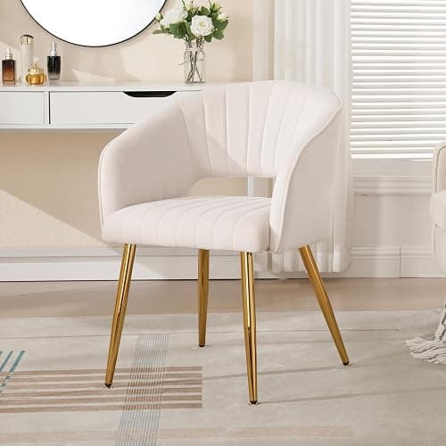 Westice Velvet Home Office Desk Chair Set of 1, Modern Tufted Vanity Chairs with Gold Metal Legs, Upholstered Accent Armchair for Living Room Restaurant, White thumbnail 2