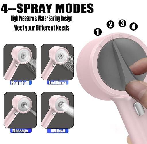 High Pressure Shower Head with Handheld, with Pause Switch 4 Spray Modes Water Saving Showerhead,Showerhead Set with Hose, Bracket and Cotton Filter, (pink) thumbnail 2