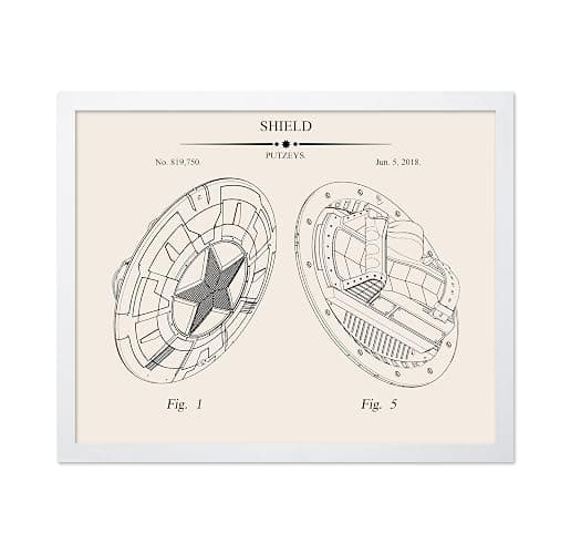 Poster Master Captain's Shield Blueprint Poster - Superhero Patent Print - Shield Artwork - Comic Book Artwork - Superhero Art - Defense Design - Great Playroom or Kids Room Decor - 8x10 White Framed - Image 1
