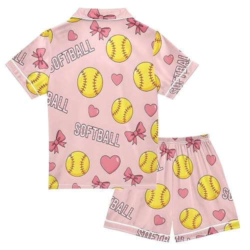 JULYTO Satin Pajama Sets Short Sleeve Volleyball Balls with Blue Bows Button Down Silky Nightwear 2 Piece PJS 5-14Y thumbnail 4