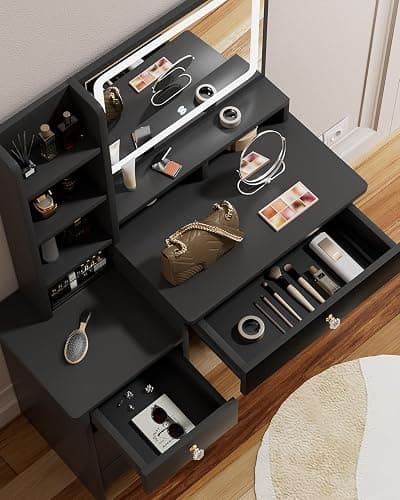 Vanity Desk, Makeup Table with Mirror and Lights, 90cm Black Dressing Table, Fiver Drawers thumbnail 4