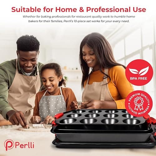 PERLLI Non-Stick 10-Piece Baking Pan Set, BPA-Free Carbon Steel Bakeware Set with Silicone Handles, Stackable Kitchen Oven Set, Cookie Sheet, Baking Tray, Baking Sheet Set, Oven Safe (446°F) thumbnail 5