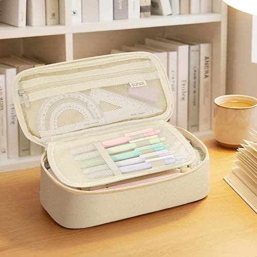 SUNEE Cute Pencil Case, Large Capacity Pencil Pouch, 900D Oxford Big Storage Office Organizer for Stationery, Zipper Pen Bag Makeup Bag, Back to School Supplies for Teen Girls Boys Women Men, Beige thumbnail 2