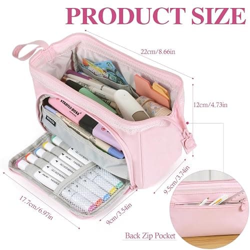 MAMUNU Pencil Case Pouch Large Capacity with Compartments, Pencil Case Pouch Bag with Zipper Handle for Teen Girls Adults Women, Portable Pen Bag Stationery Organizer for Office School Travel, Pink thumbnail 4