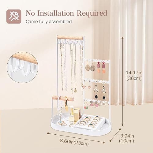 ProCase Jewelry Organizer Tower, 10 Hooks Jewelry Storage Rack Tree Holder Stand with Velvet Ring Display Tray for Necklaces Bracelets Earrings Rings Watches -White thumbnail 3