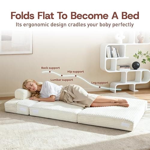 YEPDIN Folding Sofa Bed,Convertible Sofa Bed with Armrest Foldable Sleeper Chair, Portable Folding 4-in-1 Floor Sofa with Convertible Lounge Chair for Living Room,Bedroom,Washable Cover,White Single thumbnail 6