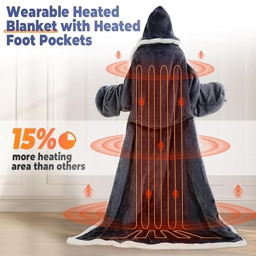 Wearable Heated Blanket with Foot Pocket, Electric Wearable Throw Blanket with Sleeves, Hood, Portable Heated Blanket with 8 Heat Settings, 1-10 Hours Auto Shut-off, Gift for Family, Friends, 50*70" thumbnail 5