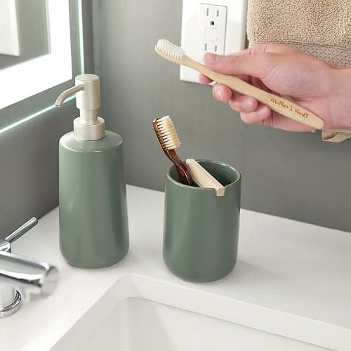 iDesign Ceramic Earth Collection Toothbrush Holder with Paulownia Wood Divider, Moss/Natural Wood thumbnail 2