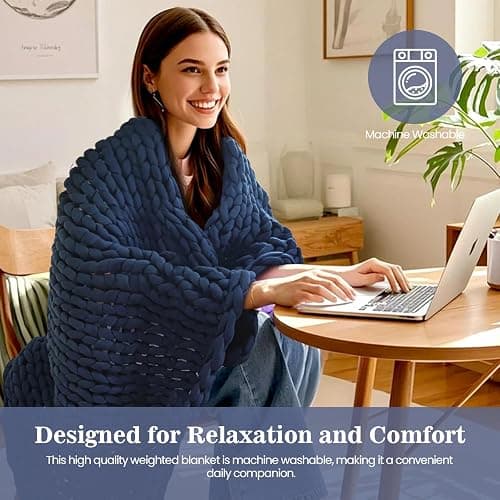 Goodhipi Hand-Knit Weighted Blanket for Adults,Chunky Knit Blanket, Cooling,Breathable,Sustainable for Deep Sleep Pressure,Machine Washable,Organic Cotton,Birthday Gifts for Women(Blue,40"*60",8lbs) thumbnail 5