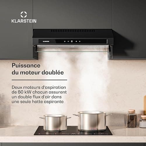 Klarstein Purista Force Hotte aspirante, Hotte murale de cuisine 60 cm, 343 m³/h, Double moteur 2x60 W, Panneau tactile LED, Éclairage LED, Filtre à charbon, CEE C, Noir thumbnail 4
