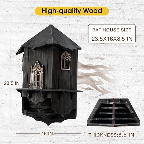 VIREESR Extra Large Wooden Castle Bat Houses for Outside Bat Box for Outdoors - Four Chamber Box Perfectly Designed to Attract Bats - Durable and Easy to Hang(Bat House Ⅰ XL Black) thumbnail 4