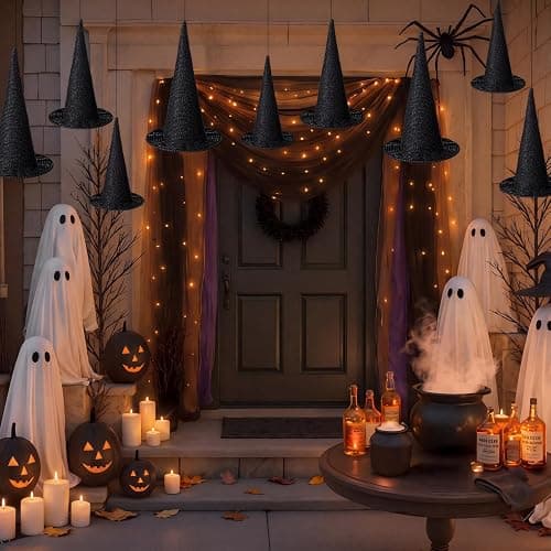 Beeveer 3 Pcs Halloween Rattan Witch Hat Decor, 14/12.2/10.2 Inch Handcrafted Black Rope Wizard Hats, 3D Rustic Farmhouse Spooky Decorations for Home Fireplace Door Table thumbnail 7
