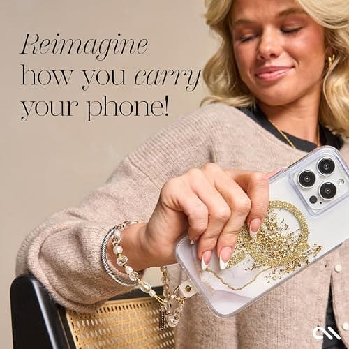 Case-Mate Beaded Phone Charm - Detachable Anti Theft Strap - Hands-Free iPhone Wrist Strap for Women - Phone Chain Wristlet - Fits Galaxy, Pixel and More - Crystal Pearl Gold thumbnail 3