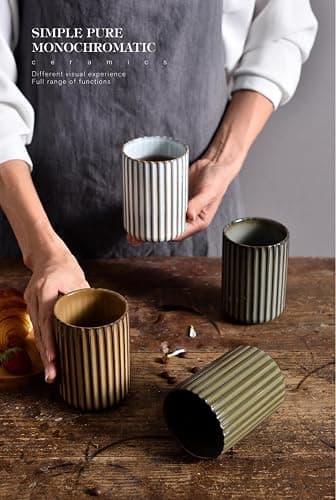 TOPYOKK Stoneware Coffee Bar Utensil Holder Tea & Coffee Spoon & Stirrer Holder for Stir Stick Straw Teaspoon Holder Spoon Cup Small Utensil Jar Fluted Vertical Stripe (Rustic Brown) thumbnail 6