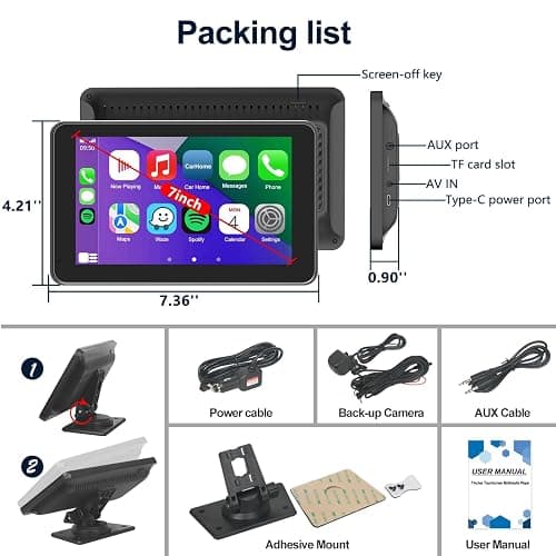 FUNAURORE Wireless CarPlay Screen for Car, 7" Android Auto, Backup Camera | Backup camera with night vision, Bluetooth audio, Mirror link, GPS navigation, Voice control, Portable, Fit all vehicles thumbnail 7