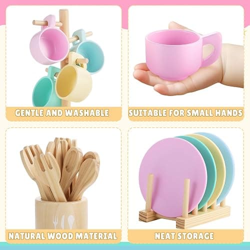 GAGAKU Kids Wooden Play Dishes Set -27Pcs Montessori Play Kitchen Accessories Plates and Bowls Set, Storage Stand & Play Food, Pretend Cooking Toys for Ages 3-5, Educational Gift for Toddler thumbnail 4