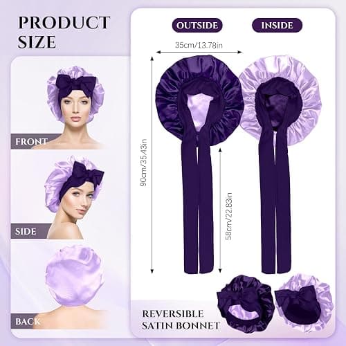 Reversible Satin Bonnet for Sleeping Women, Double Layer Soft Ajustable Elasticity Band Satin Bonnet for Sleeping Hair Silk Sleep Cap Reduce Frizz (Purple+Purple) thumbnail 2