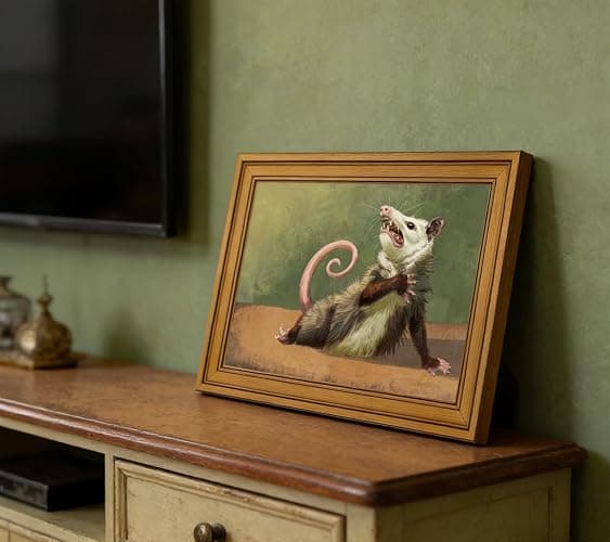 Gold Framed Funny Opossum Canvas Wall Art Humor Opossum Painting Picture Wall Decor Quirky Animal Poster Print Artwork for Living Room Bedroom Home Office Decroation 9x11in thumbnail 2