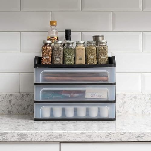 IRIS USA Plastic Desk Top 3-Drawer Storage Organizer with Paper Tray Top, 1-Pack, for Makeup Vanity Nail Polish Bathroom Stationery Art Craft Supplies Kitchen Office Garage Organization, Medium, Black thumbnail 5