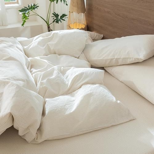 MooMee Striped Duvet Cover Set 100% Washed Cotton Linen Like Textured Breathable Durable Soft Comfy (Almond Milk Grey Pinstripes, Queen 90"x90") thumbnail 8