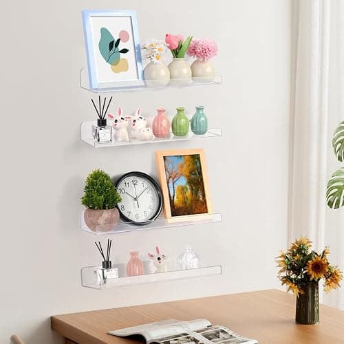 Mecnmsa 4 Pack Acrylic Shelves for Wall Storage, 15" Floating Bookshelves for Kids, Display Shelf Organizer for Bathroom, Bedroom, Living Room Decor, Kitchen, Clear thumbnail 7
