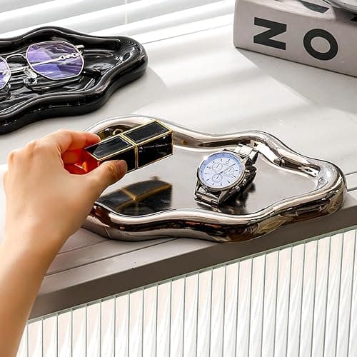 ARJDXDP Keramik Schmuckschale, Ringhalter, Deko Tablett, Schlüsselablage, Ohrringe, Halsketten Schmuckschale Silber Tablett Schminktisch Geburtstagsgeschenk für Frauen(Silber) thumbnail 5