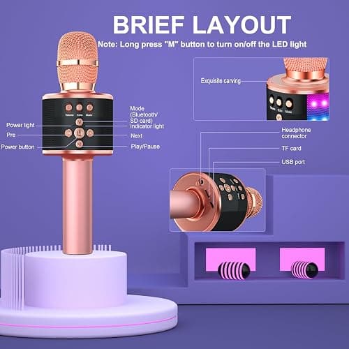 BONAOK Karaoke Microphone for Kids & Adults - Bluetooth Microphones Singing Mic with Disco Lights, Echo Effect, Built-in Speaker Portable Karaoke Player for Party Travel Gifts Q78(Rose Gold) thumbnail 4
