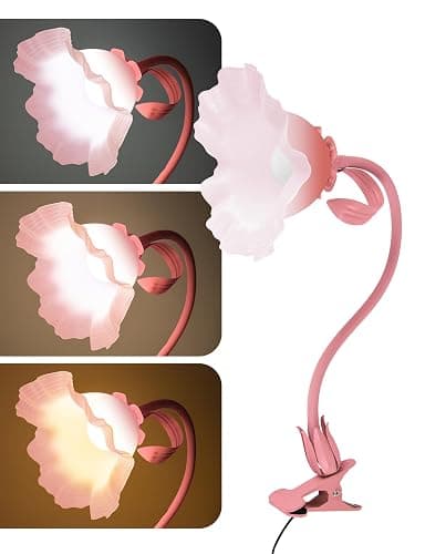 Flower Clip On Desk Lamp for Home and Dorm - Cute Floral Clip On Bedside Book Reading Light, Pink Flower Bunk Bed Lighting, Kawaii Led Flexible Gooseneck Table Lamp for Headboard with Clamp thumbnail 8