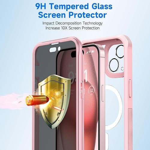 seacosmo for iPhone 15 Case, Full Body Bumper with Built-in 9H Tempered Glass Privacy Screen and Camera Lens Protector, Compatible with MagSafe, Shockproof 15 Phone Case, 6.1", Pink thumbnail 5