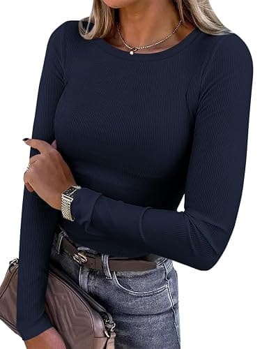 PRETTYGARDEN Women 2025 Fall Clothes Long Sleeve Shirts Ribbed Knit Fitted Basic Tee Going Out Tops Underscrub Casual Outfits - Image 1