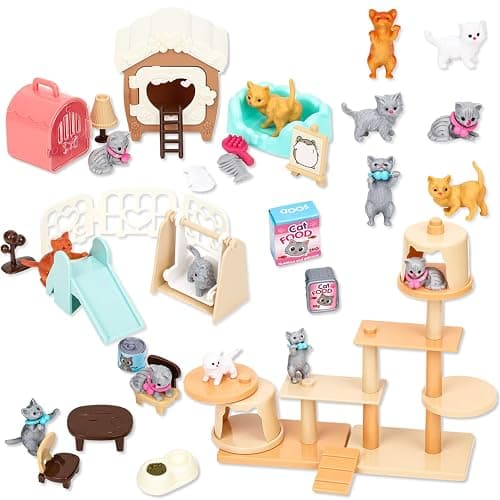 TQQFUN 43-Piece Cat Figurine Playset - Realistic Pet Care Center Role Play Toys for Kids, Toddlers, Boys and Girls - Image 1