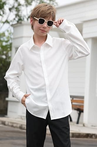 Cozople Boys Long Sleeve Dress Shirt Button Down Wrinkle-Resistant | Soft Smooth Fabric with Classic Spread Collar and Button Cuffs Ideal for School Uniform, Wedding And Formal Events thumbnail 2