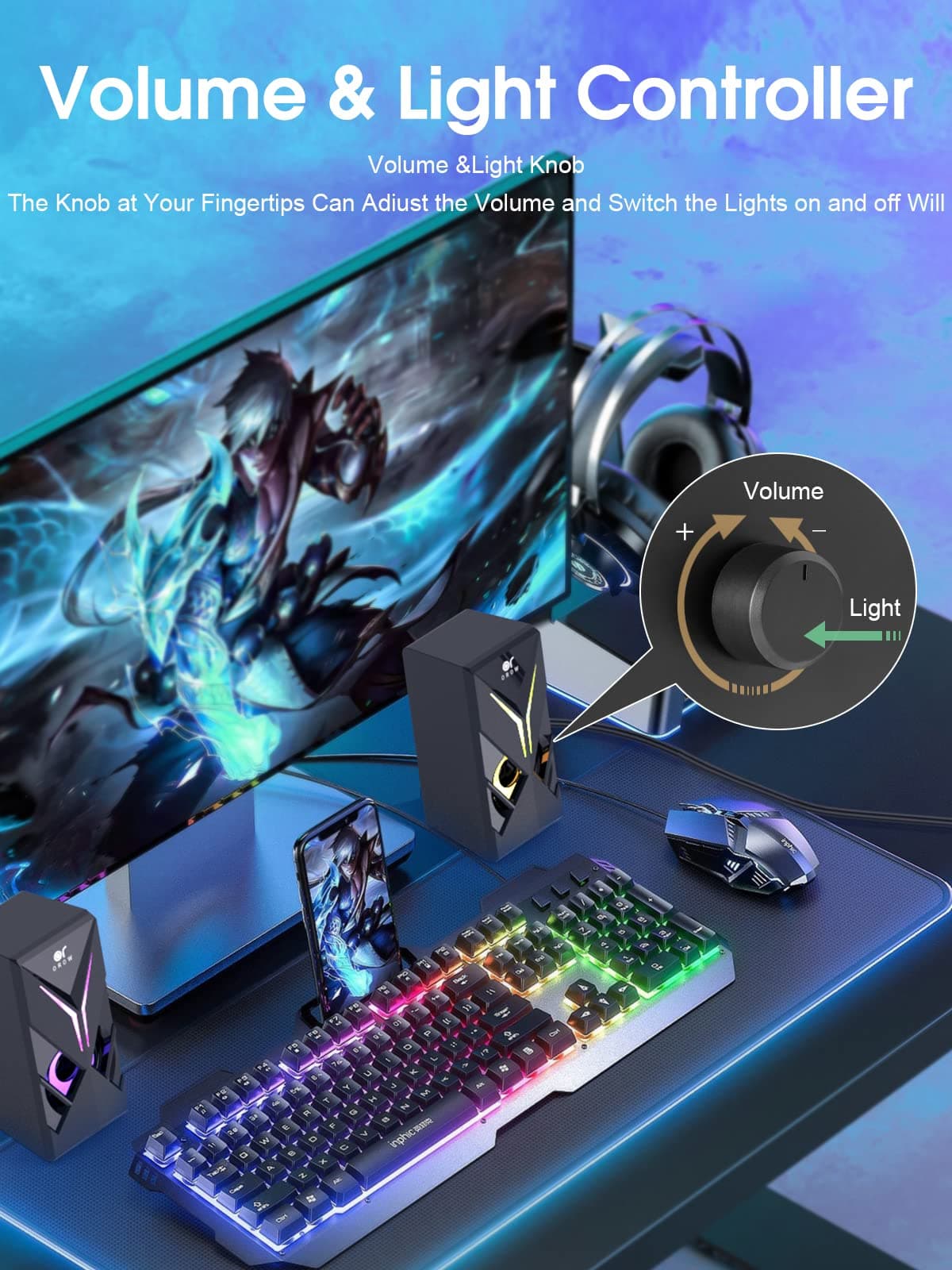 OROW 10W RGB Computer Speakers with Volume Control, Colorful LED Gaming Speakers for PC/Desktop/Laptop/Monitor, 3.5mm Aux Input, Lights On/Off Option (S201) thumbnail 5