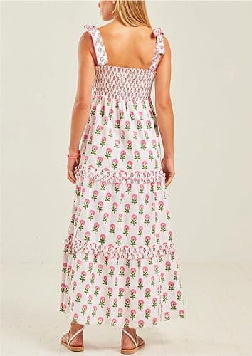 Summer Dress for Women Boho Tie Shoulder Floral Smocked Flowy Long Dress Ruffle Beach Vocation Maxi Sundress - Tie Colorful - Medium thumbnail 2
