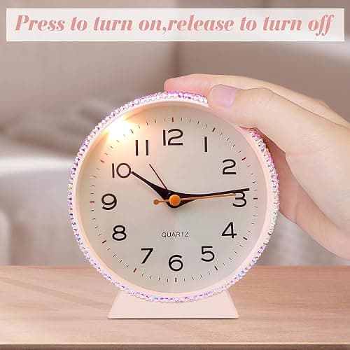 Yivaiks Shiny 4.5" Analog Alarm Clock，Bling Small Silent Retro Desk Clock，Metal Glitter Clock Table Decor for Living Room, Bedroom, Bedside, Shelf (Pink) thumbnail 3