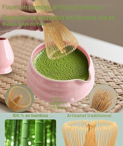 JBER Matcha Kit 7 Pièces, Matcha Set - Fouet Matcha Bambou, Bol à Matcha, Support pour Fouet, Cuillère et Tamis, Kit Matcha pour Cérémonie du Matcha - Rose thumbnail 4