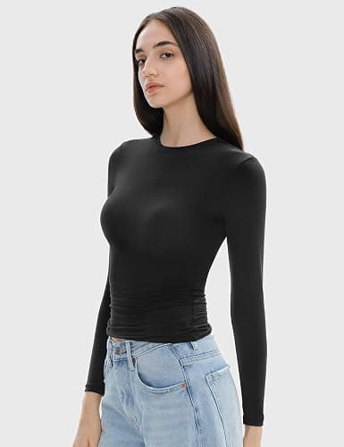 C202 Women's Long Sleeve Shirts Crew Neck Slim Fit Going Out Tops Basic Tees Barely There Collection thumbnail 2