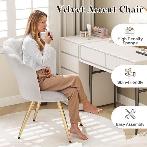 Daluvenix Velvet Upholstered Accent Chair with Gold Metal Legs – Makeup Vanity Chair, Guest Chair for Living Room & Bedroom, White thumbnail 3