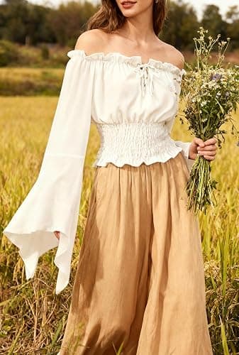 KIMIKAL Renaissance Cottagecore Shirt Women Peasant Blouse - Tie Front Off Shoulder Trumpet Sleeve Top thumbnail 4