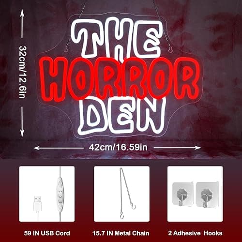 Horror Den Neon Sign Retro Scary Neon Light for Wall Decor Gothic Theme LED Light up Spooky Sign Dimmable Horror LED Signs Indoor Gothic Decor in Game Room Ideal Gifts for Scary Movie Fans thumbnail 2