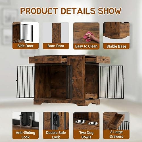 Large Dog Crate Furniture with Storage, Indoor Dog Kennel with 3 Drawers & 2 Feeding Bowls, Furniture Style Wooden Dog Crates for Large/Medium Dogs thumbnail 5