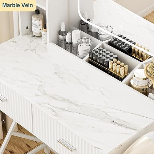 SONGXIN Vanity Desk with Mirror and Lights 3 Colors, Makeup Vanity with 2 Drawers and Storage Shelves, White Vanity Table with Power Outlet, Hair Dryer Holder, Makeup Desk for Bedroom thumbnail 6