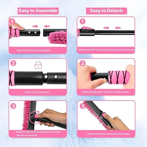 OUSHASAA 44" Ice Scraper and Snow Brush for Car Windshield with Extendable, 360° Pivoting, Soft Bristle Head, Foam Grip, for Car, Truck, SUV Window Tool (Pink) thumbnail 7